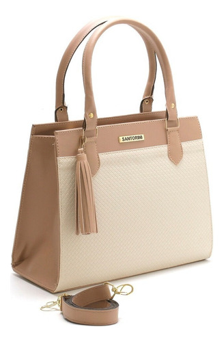 Bolsa transversal Santorini handbags Bolsa feminina bicolor design liso  nude e creme com alça de ombro nude alças de cor nude