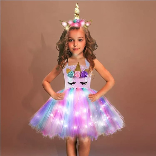 Vestido Tutú Unicornio Con Luces Led Para Niñas