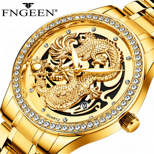 Fengeen Man Calendar Relógios de quartzo luminoso, cor da pulseira, aço inoxidável, dourado