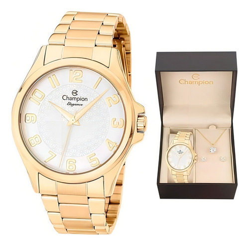 Relógio Champion Feminino Dourado Cn26377w Kit Colar Brincos Cor do fundo Branco