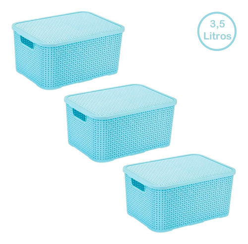 3 Cesto Caixa Mini Rattan 3,5 Litros Com Tampa Monte Líbano Cor Azul