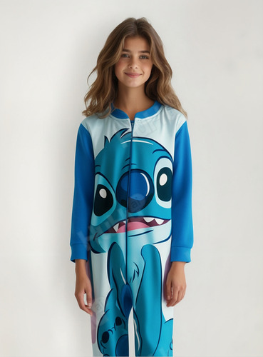 Pijama Stitch Enterito Micropolar Disney Para Niñas Celeste Liso 10