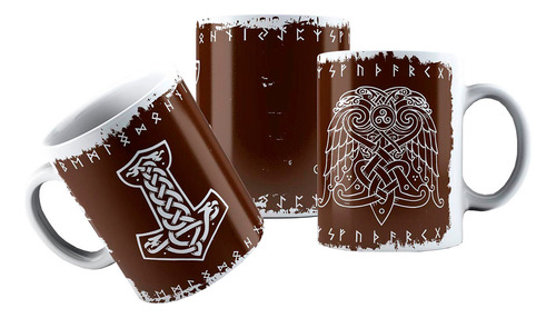 Caneca Cerâmica Escritos Nórdicos Símbolos Odin Mjolnir Thor