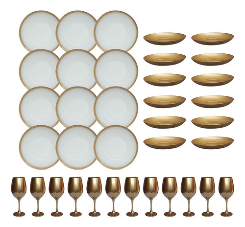 Vajilla Vidrio 12 Platos Playos 12 Hondos + 12 Copas Dorado Dorado