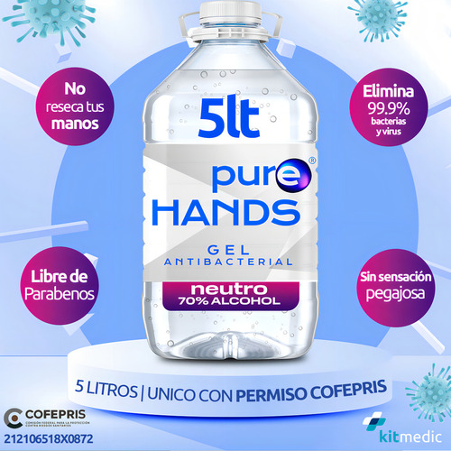 Gel Antibacterial Para Manos 5lt Calidad Premium Cofepris Fragancia Purehands Neutro