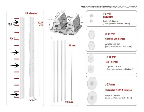 Kit Electrónica Robótica Engranaje Cremallera Varilla Piñon