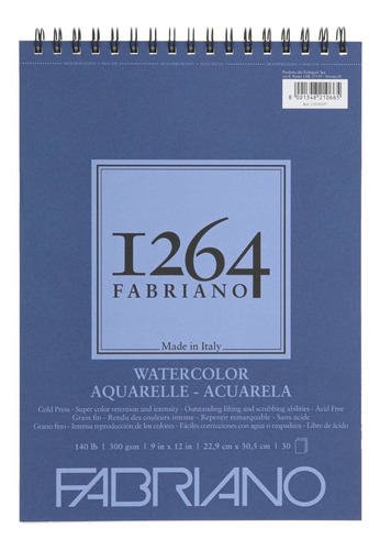 Block Fabriano Acuarela Watercolor 300 G 9 X 12 Pul 30 Hojas