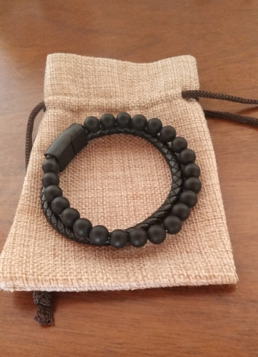 Brazalete Pulsera Manilla 2 En 1 Cuero Y Piedra Mate