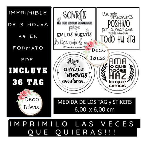 Kit Imprimible 05 Frases Positivas Tag Topper Emprendedores