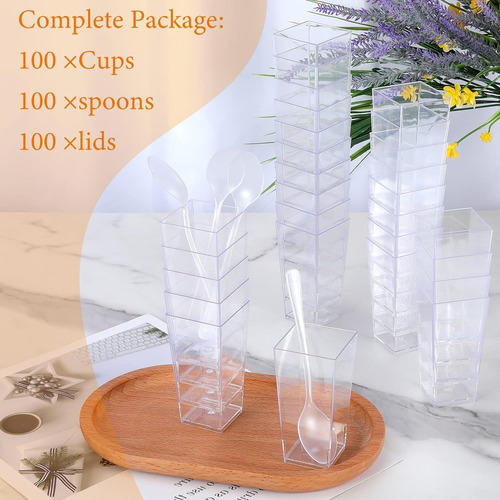 100 Mini Tazas De Postre 3 Oz Con Tapas Y Cucharas Plásticas