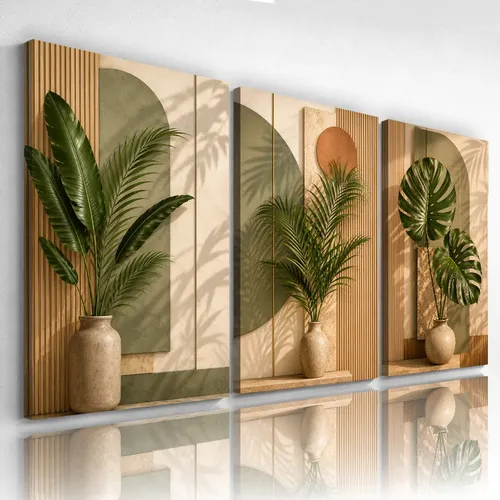 Quadro Decorativo Botânico Com Folhagens Verde Boho 122x60cm .