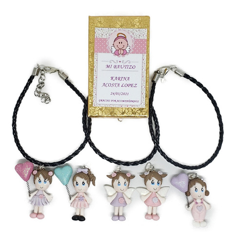 Recuerdo Bautizo 3 Pz Pulsera De Piel Dije Niña+estuche N1