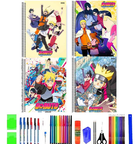 Kit 4 Cadernos Boruto Grande Arame Capa Dura Com 40 Itens