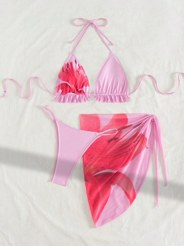 Bikini Traje De Baño A 3 Piezas, Bañador Bikini Y Pareo