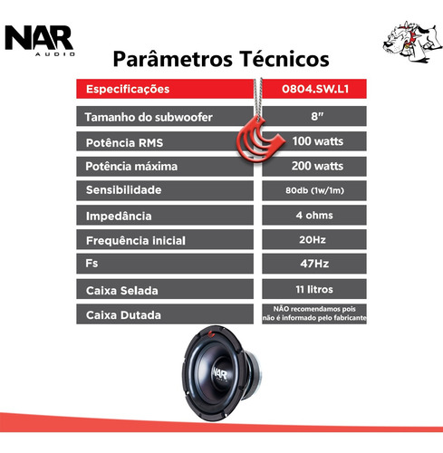 Imagem 5 de 6 de Subwoofer 8 Pol Bob Simples 4 Ohms 200w Nar Audio 0804.sw.l1