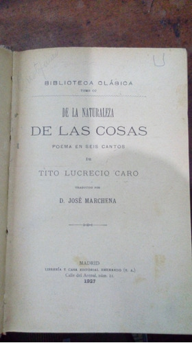 Libro La Naturaleza De Las Cosas   Lucrecio   Ed. Hernando