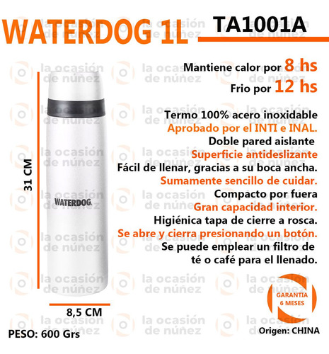 Imagen 2 de 6 de Termo Waterdog Acero Inoxidable 1l Ta1001a 8h Calor 12h Frio