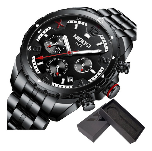 Relógio Nibosi Chronograph Luminous Fashion Men Cor Da Correia Preto