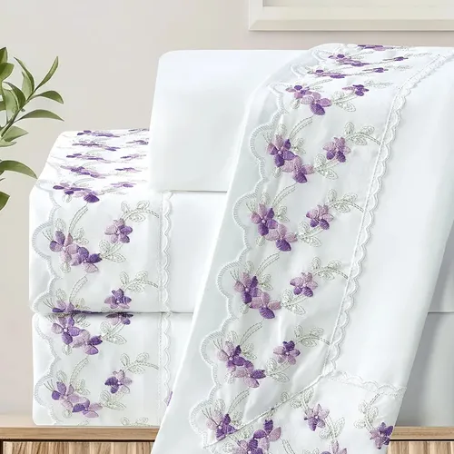 Lençol Queen 300 Fios Bordatto 4 Peças Com Barrado Luxo Cor Violetas Desenho do tecido Barrado Bordado - R$ 173,9