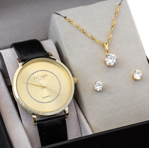 Imagem 1 de 5 de Relógio Nowa Dourado Couro Feminino Nw1411k Com Kit Brinde
