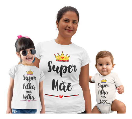 Kit Camiseta E Body Mãe E Filhos Dia Das Mães Super Mãe