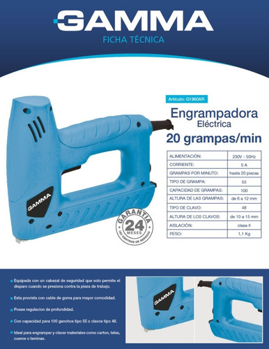 Imagen 3 de 7 de Engrampadora Clavadora Electrica Gamma G1960ar
