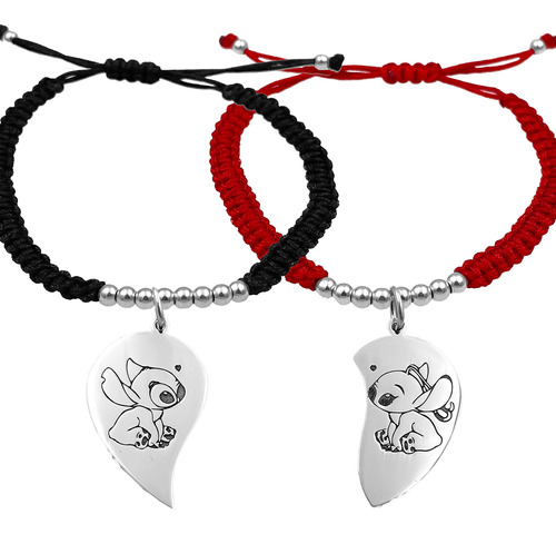 2 Pulseras De Bolitas Corazon Pareja Stitch Plata 925 R Y N