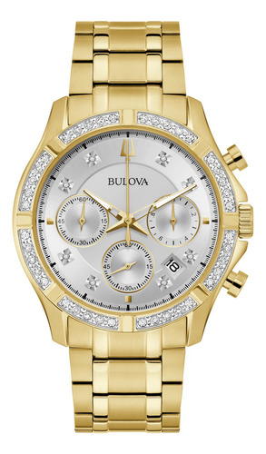 Reloj Bulova Quartz Chrono Unisex 98e113 Classic Diamantes Correa Dorado Bisel Dorado Fondo Blanco