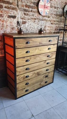 Imagen 2 de 5 de Mueble Chifonier Cómoda Industrial 7 Cajones Madera Hierro