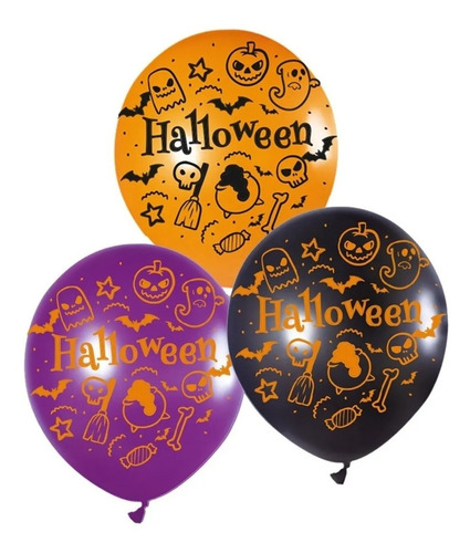 12 Globos Latex Impresos Halloween Calavera Calabaza Fantasm