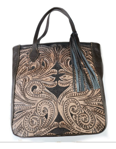 Bolso Piel Cincelado A Mano Artesanal Floreado Grande Tote 