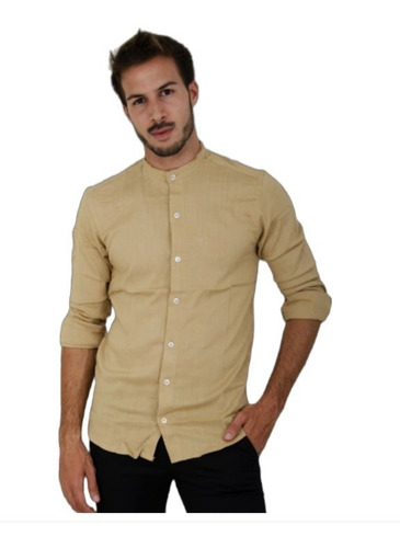 Camisa Camel Manga Larga Lino Cuello Mao Elastizada Vestir