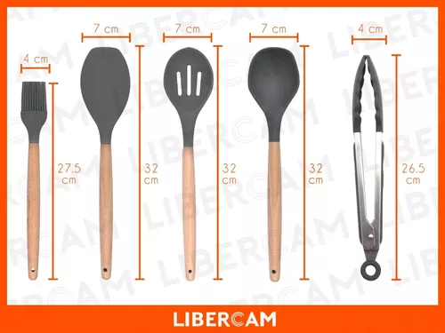 Set Kit X12 Utensilios De Cocina Mango Madera Punta Silicona