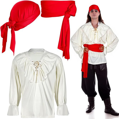 Disfraz Pirata 3 Piezas Para Hombre Camisa Pirata Bufanda Ca
