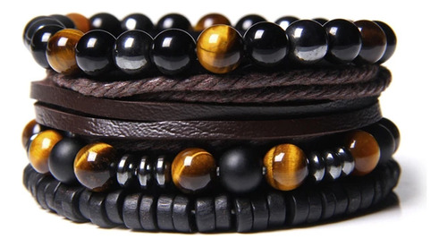 X4 Pulseras Unisex Piedras Naturales Onix Negro Ojo De Tigre