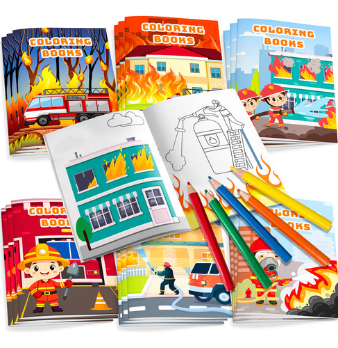 25 Pcs Libro Para Colorear Bomberos Con Lápices De Colores