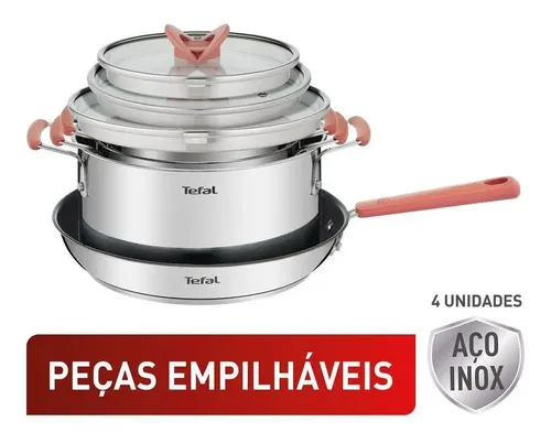 Jogo de panelas Tefal Opti'space em aço inox com 4 peças empilhadas destacando o design compacto e economia de espaço.