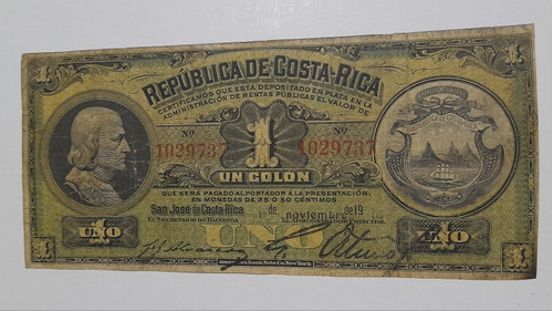 Billete 1 Colón 1910, República De Costa Rica Buen Estado 