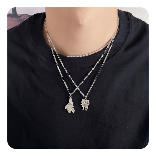 Conjunto De Collar Para Parejas Bob Esponja En Plata 950