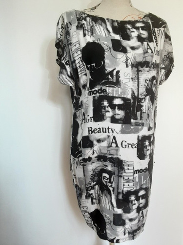 Imagen 3 de 10 de Vestido Estampado Periódico, Cerrado Manga Corta, Talla S