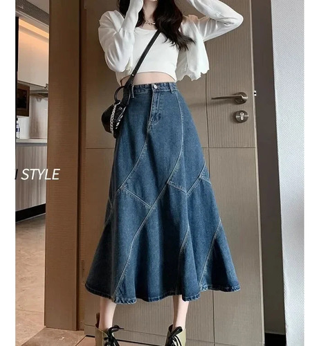 Falda Midi De Mezclilla Para Mujer, Cintura Alta, Casual