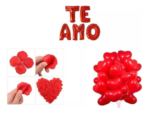 Set 12 Globos Corazón + 200 Pétalos + Te Amo , San Valentín