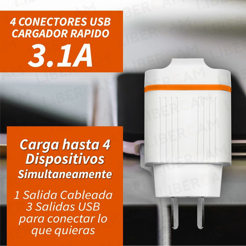 Cargador Celular Tablet Carga Rapida 3.1a + 3 Salidas Usb