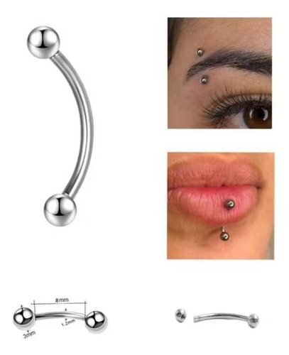 Piercing Sobrancelha Aço Cirurgico Curvo Prateado 8mm