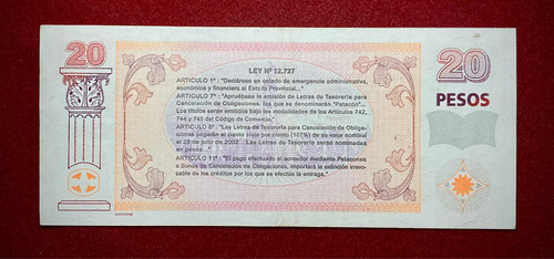 Billete Bono 20 Pesos Patacon 2001 Serie A Col 220 Con Ovi (Usado)