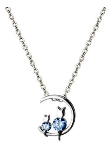 Collar Cadena Dos Gatos En La Luna Diamante Azul Mamá Hijo/a