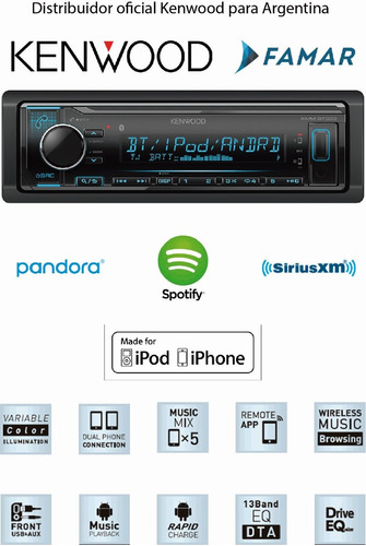 Stereo Kenwood Kmm-bt322 Bluetooth Usb Apple Android Spotify