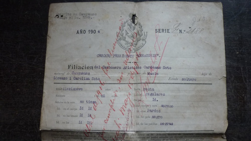 Documento De Filiación Crucero Pres. Errazuriz 1904 Armada