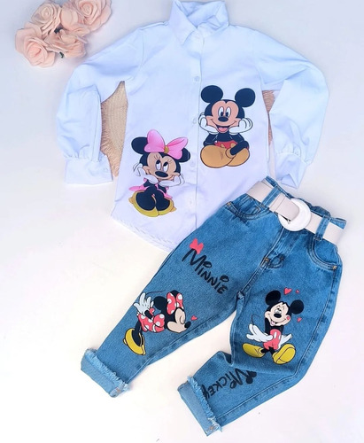 Conjunto Camisa Manga Minie Calça Jeans Cinto