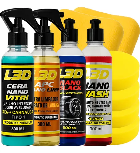 Kit Limpeza Automotiva L3d Cera Pneu Pretinho Shampoo E Apc